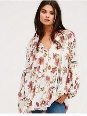 Free People Just The Two Of Us White Floral Crochet-Trim Boho  Tunic Size S